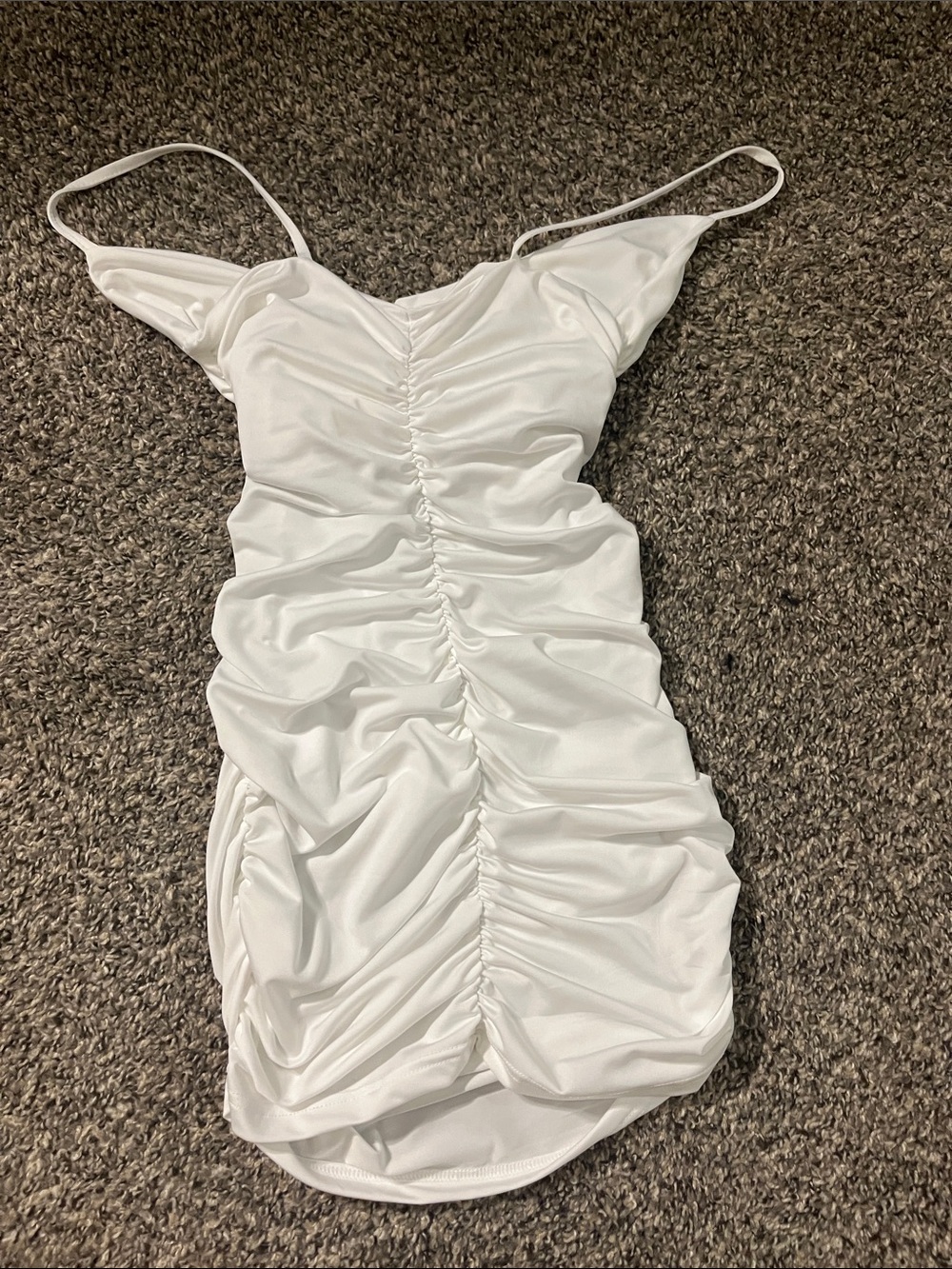 SHEIN White Ruched Satin Mini Dress with Spaghetti Straps